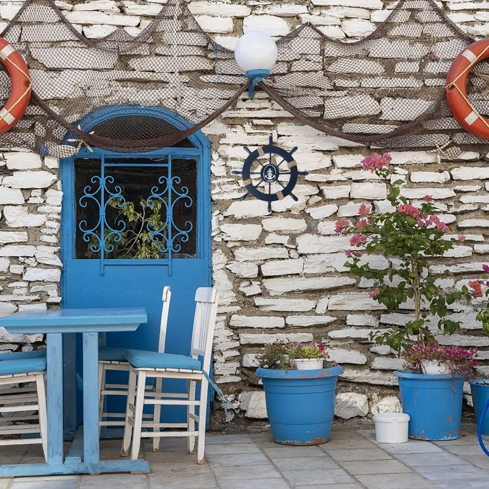 

Wooden Boat Ship Wheel Decor Dark Blue Nautical Wall Art Home Mediterranean Style Steering Wheel Beach Hanging Decoration