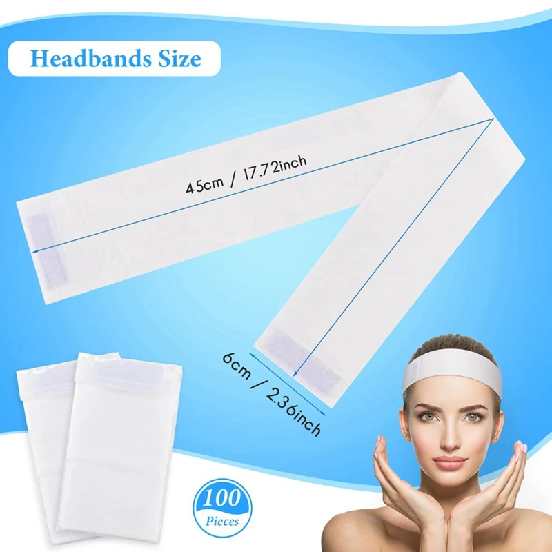 ABAC-100PCS Disposable Spa Facial Headbands,Elastic Headband Wrap With Adjustable Magic Tape,Stretch Non-Woven Facial Bandeau