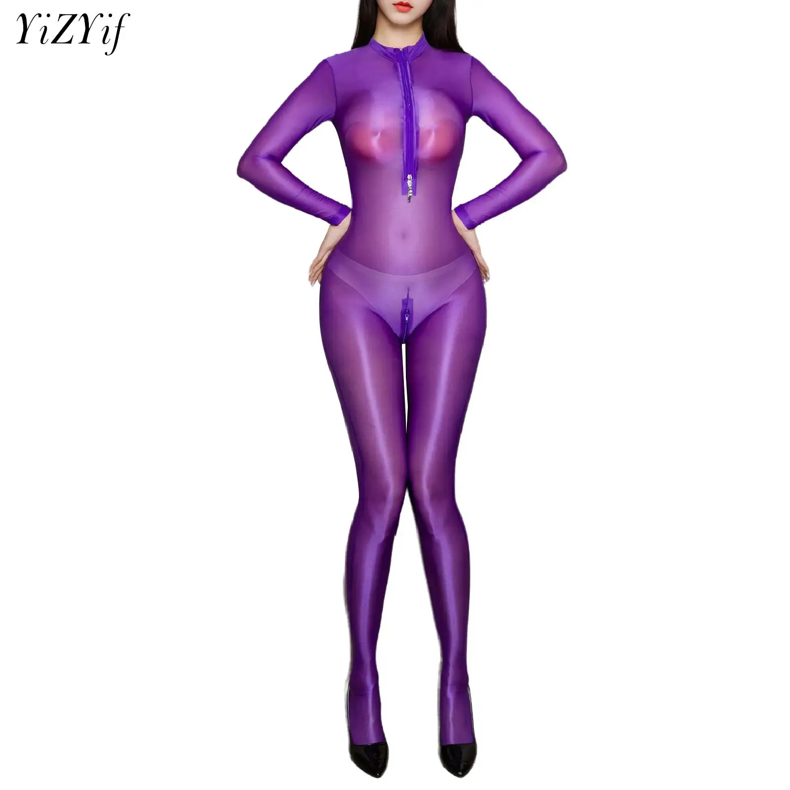 

Long Sleeve Full Body Jumpsuit Open Crotch Double Long Zipper Shiny Sexy Bodysuit Women's Party Night Club Shaping Tights
