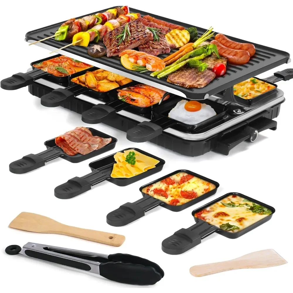 Electric Griddles, 2 In 1 Electric Griddle With 8 Raclette Cheese Pans 1 Tong Adjustable Temperature, Electric Griddles