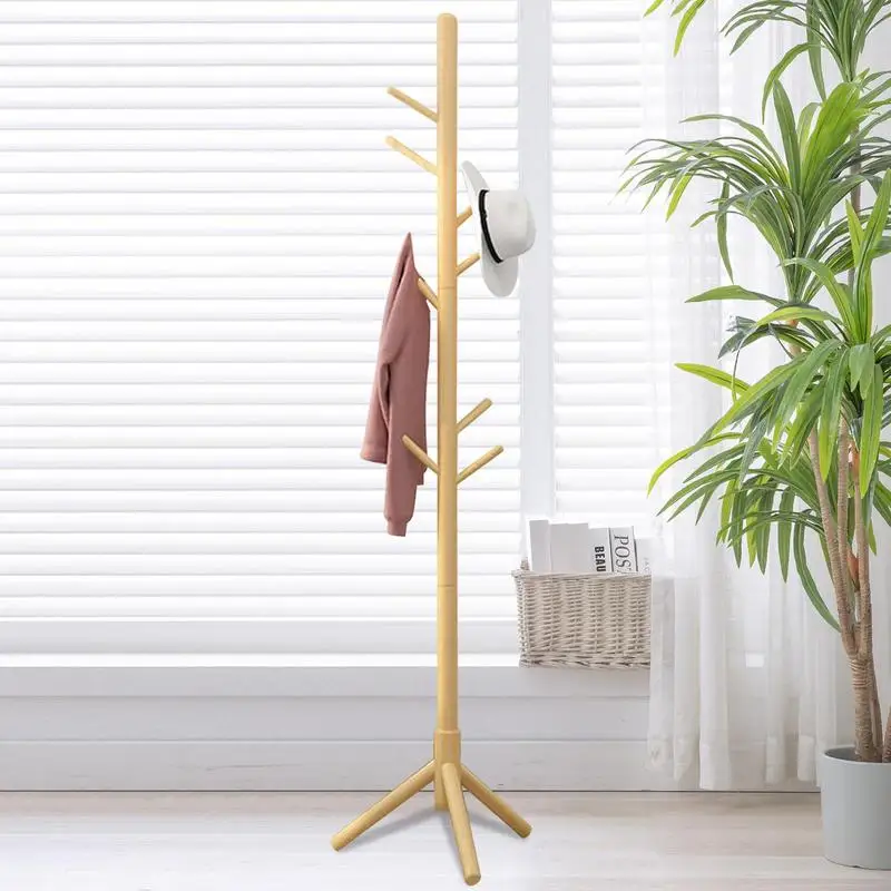 Wooden Freestanding Coat Racks Standing Coat Tree Clothes Tree Stand With 8 Hooks For Entryway Floor Standing Coat Hanger Stand