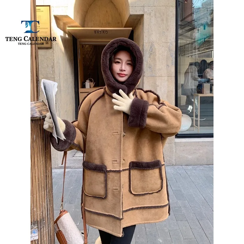 Artificial Suede Coat, Maillard Color Added Velvet and Thickened Hooded Fur Integrated Coat, Women's Winter 2024 New Model