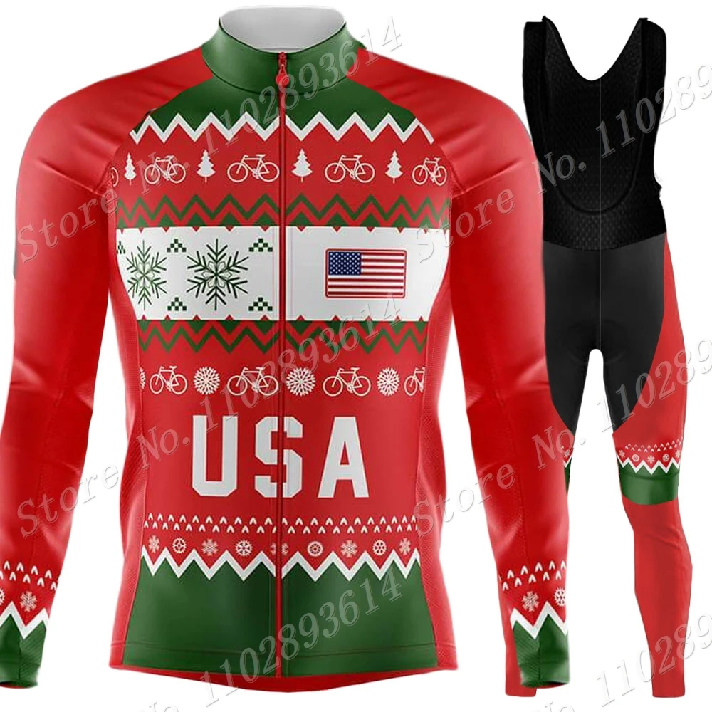 Winter Merry Christmas 2023 Team Cycling Jersey Set Long Sleeve USA Cycling Clothing Road Race Bike Jacket Suit Pants Maillot