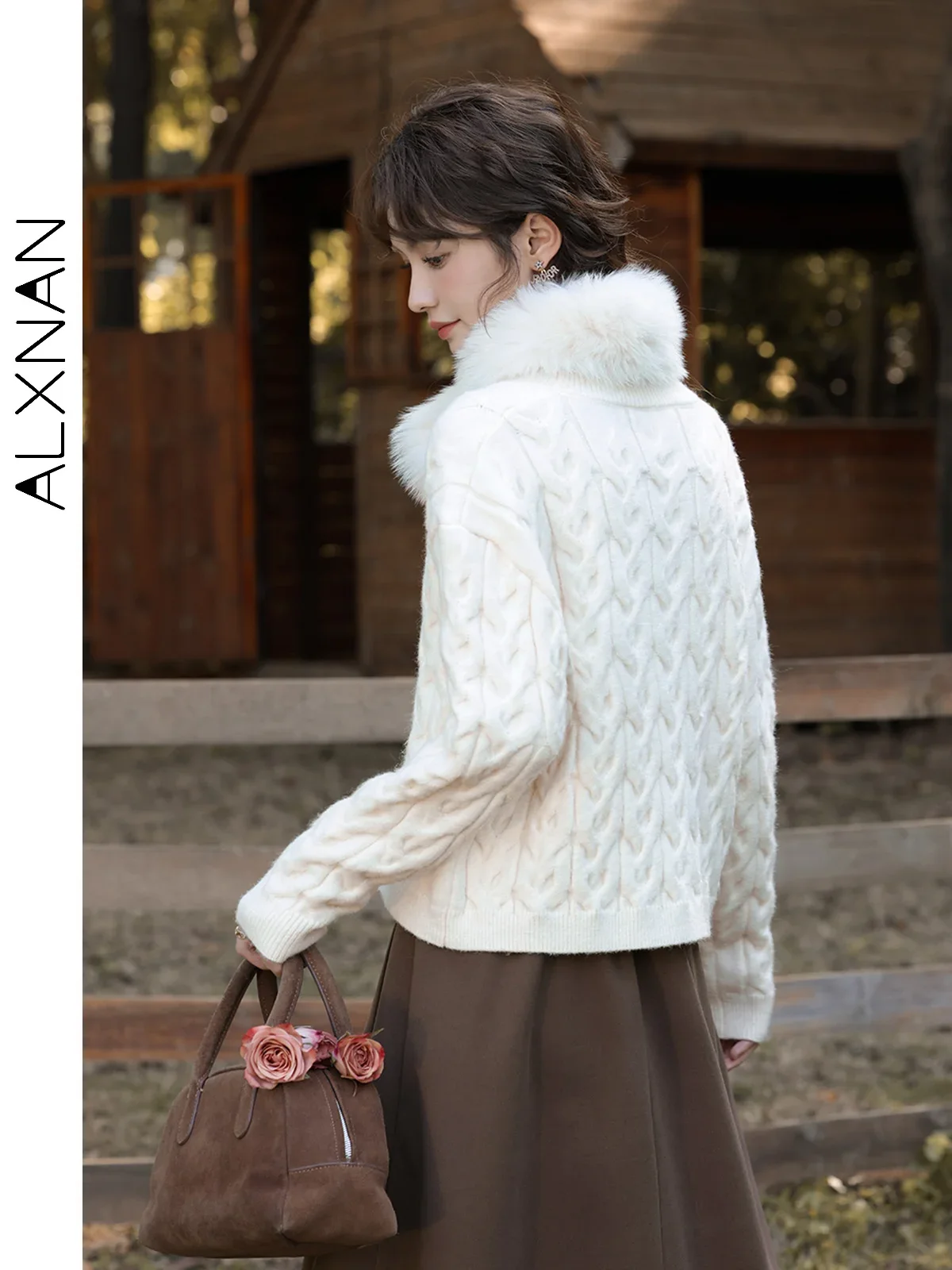 ALXNAN Apricot Knitted Sweater Woman 2024 Fall Winter V-neck Straight Loose Long Sleeve Tops Soft Jumper Sold Separately L330166