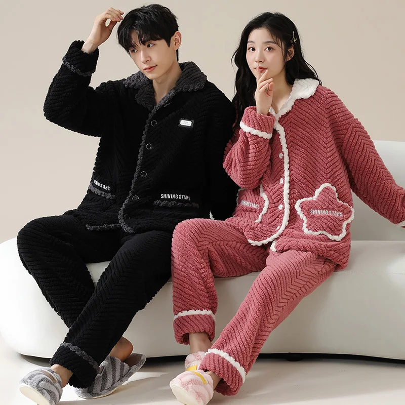 High Quality Winter Couple Pajama Set Women Men Warm Sleepwear Thick Flannel Pyjamas