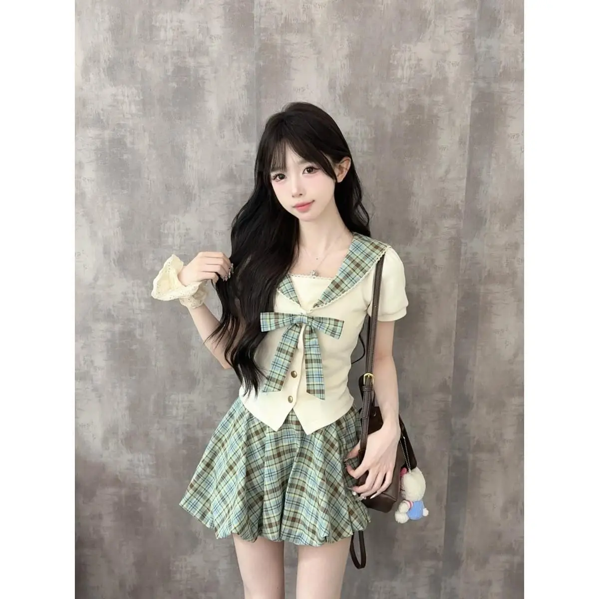 

Japan sweet girly bow contrasting color slim bodysuit new versatile and fashionable slim skirt two-piece set