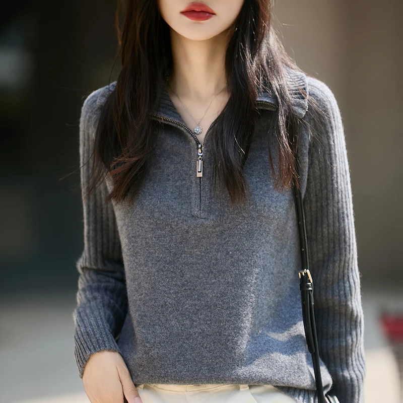 

Autumn and winter women's wool pullover sweater with collar long sleeved zipper loose and soft high-quality top