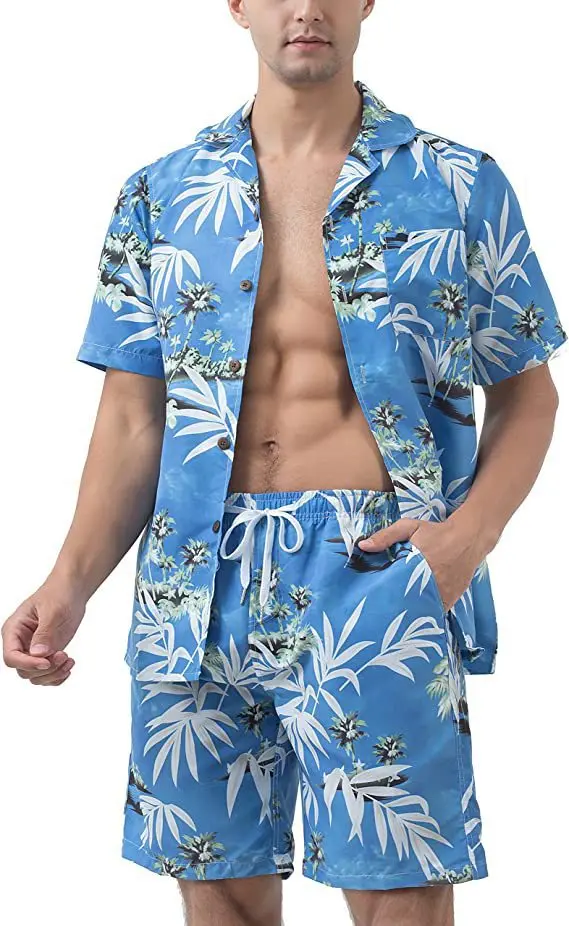 Hawaii print 2-piece men\'s shirt+shorts 3D printed short sleeved beach shirt casual fashion 2-piece men\'s trendy set