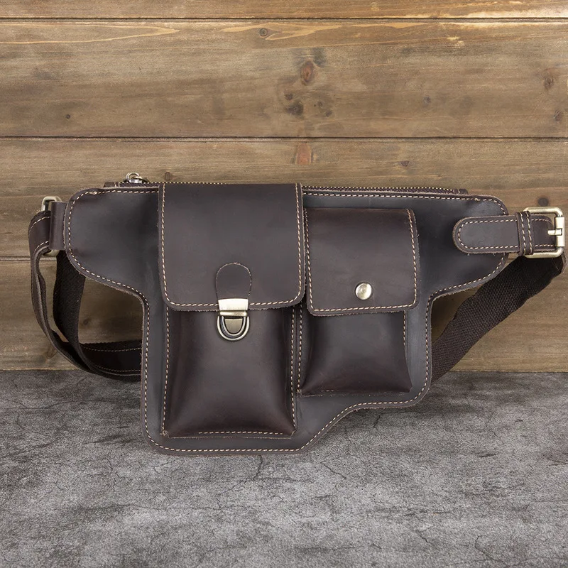 Leather men's bag, men's waist bag, crossbody bag, retro handmade fringed top-grain cowhide mobile phone bag