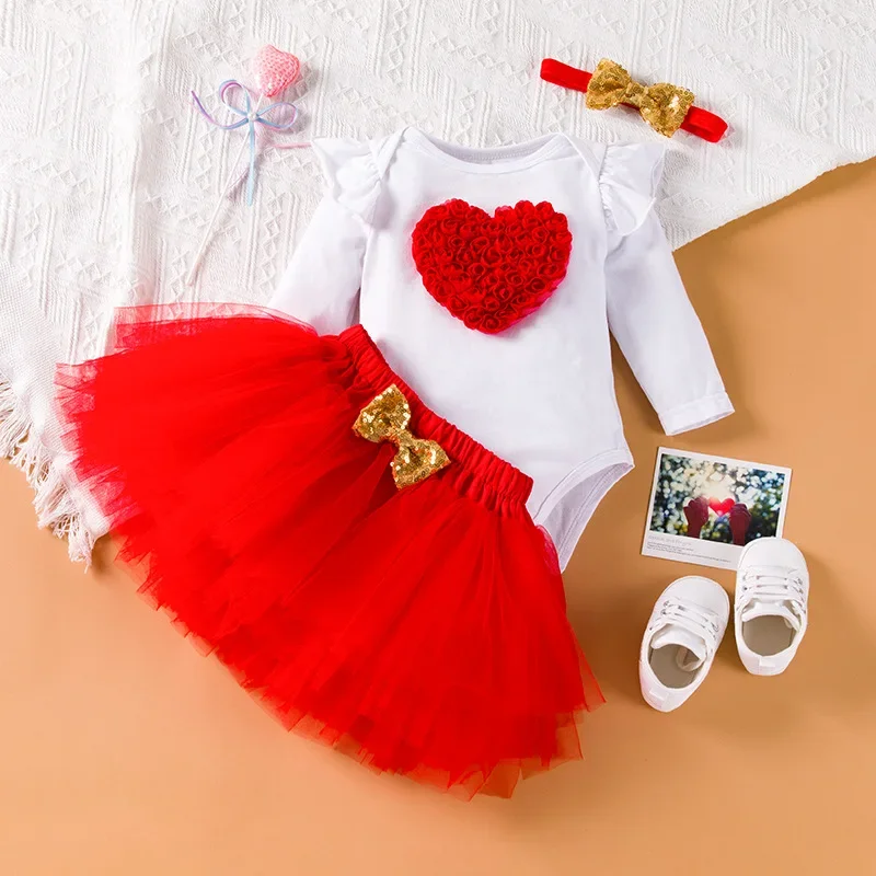 Baby Birthday Tutu Romper Skirt Heart Flower Mother\'s Day Love Flying Sleeves Sweetheart Clothes Mesh Half Skirt Set Baby Dress