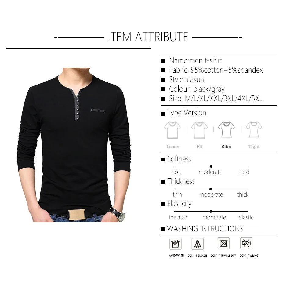 BROWON Autumn Fashion T Shirt Men Oversize Oversized T Shirt Long Sleeve Henry Collar Cotton Slim Fit Tops T-shirt for Man