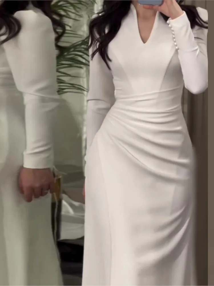 

Elegant V-neck Long-sleeved Dress For Women Fashion Spring Autumn Solid Color Waist-closing Slim Pleated Zipper Dresses Female