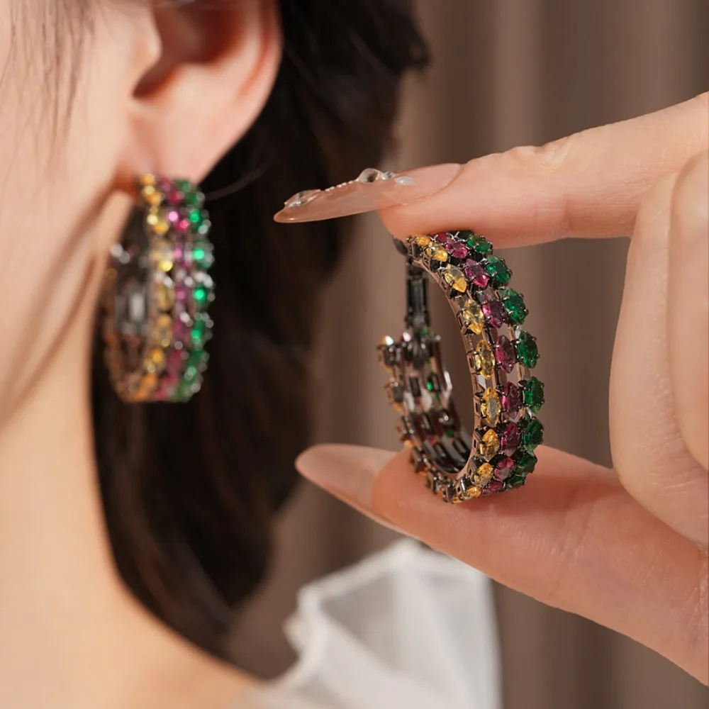Glam Vintage Gun Tone Pavé Inlaid Multi Color Marquise Zircon Hoop Earrings for Women Party Night Birthday Fashion Jewelry Gift