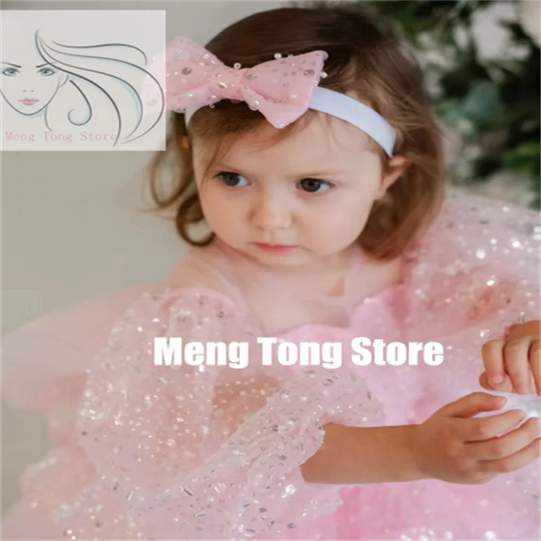 Personalização rosa tule applique vestido da menina de flor para o casamento o-pescoço lantejoulas inchado crianças primeiro aniversário