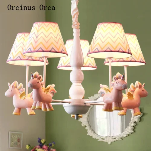 

American creative Unicorn chandelier Girl Bedroom Princess Room children's room lamp cartoon dream LED color pony Chandelier