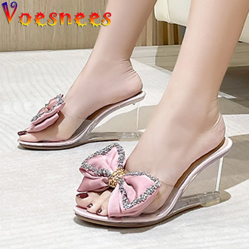 New High Heels Summer Slippers Fashion Elegant Party Transparent Women Shoes Satin Big Bow Wedge Sandals 8CM Pink Pumps Size 43