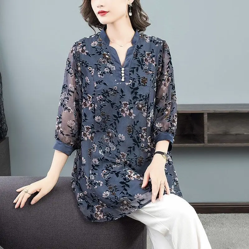 Vintage Elegant Printed Chic Hollow Out Chiffon Midi Blouse Female Clothing Spring Summer 3/4 Sleeve Casual Button V-Neck Shirt