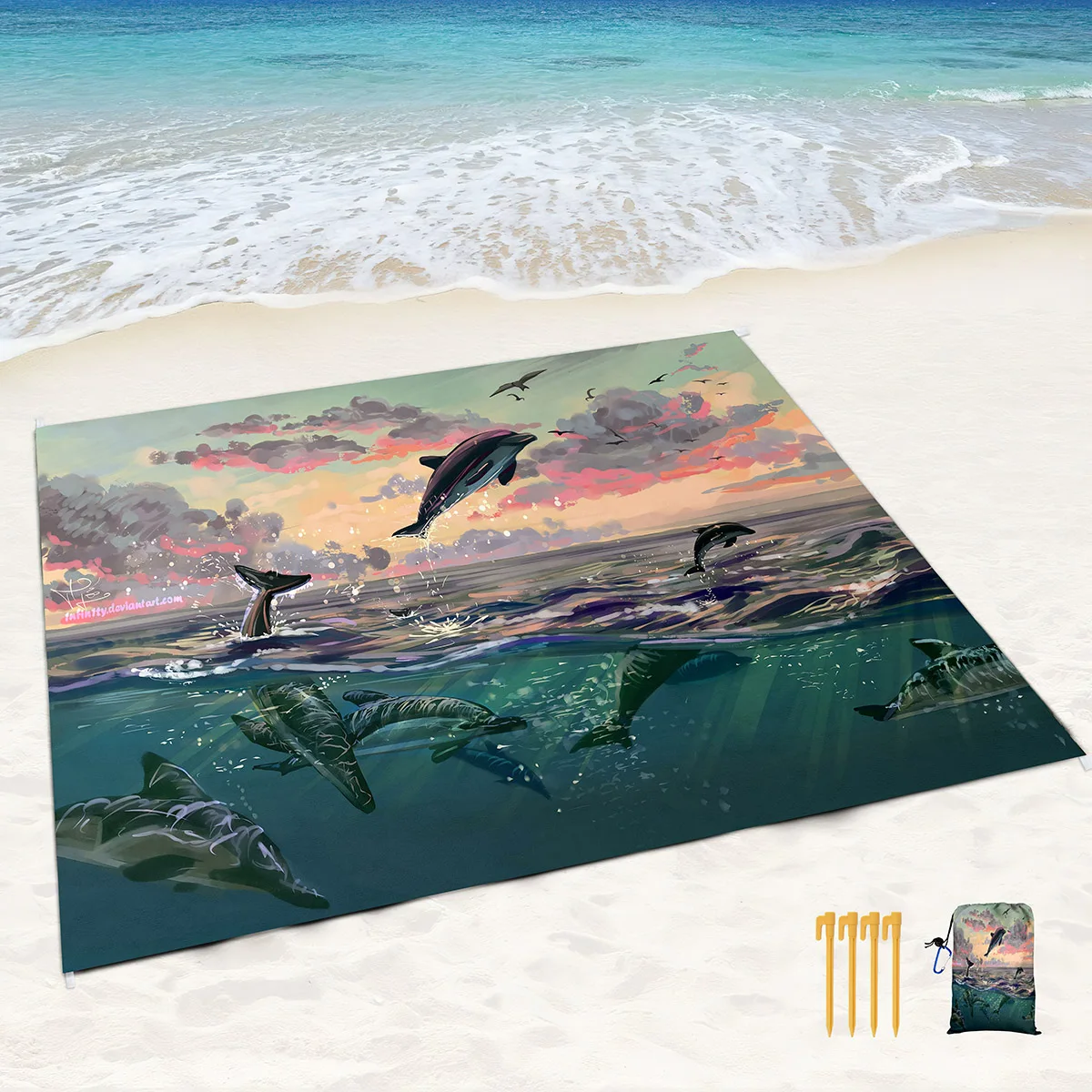 Marine Life Beach Mat Picnic Blanket Sandproof Dolphin Lightweight Outdoor Portable Waterproof Mat for Travel Camping Vacation