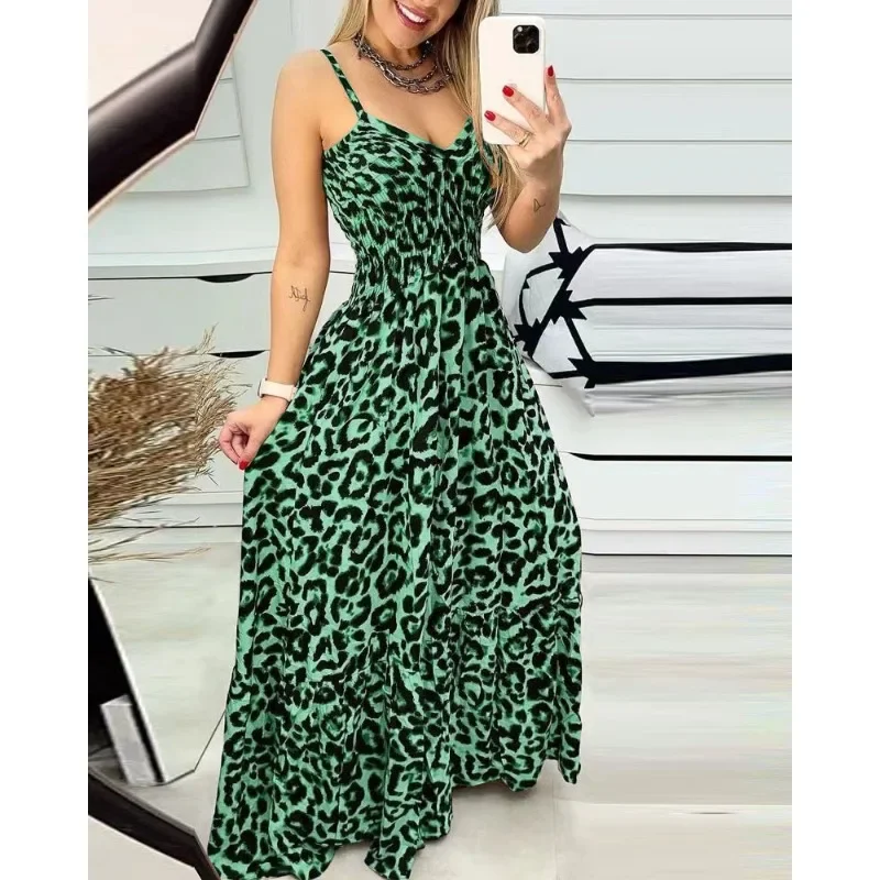 Abito estivo moda Sexy senza maniche MaxiLeopard Print Camis Dress donna scollo a v Brace elasticità abito lungo a vita alta
