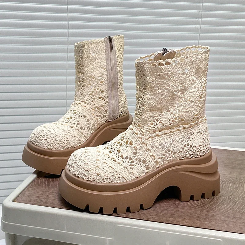 

Mesh Ankle High Heel Modern Boots Summer New Solid Round Toe Shoes Female 2025 High Quality Square Heel Breathable Women's Boots