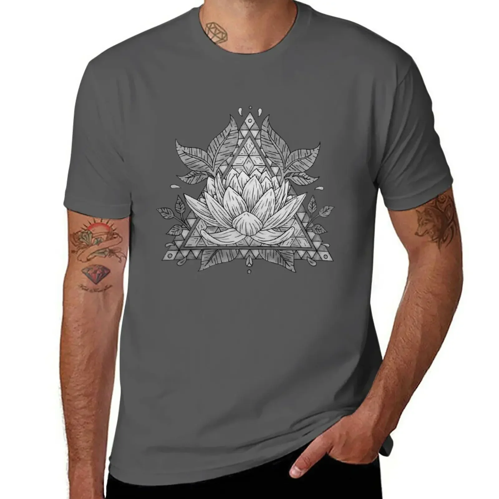 Grey Lotus Flower Geometric Design T-Shirt blanks basketball graphic tees anime tshirt summer clothes shirts men