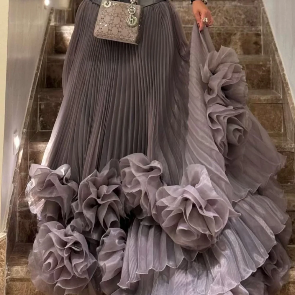 Contessa Dubai Gray Glitter Strapless Wedding Dress 3D Floral Skirt vestidos de noche Floor-Length فساتين سهرة Customized 2025