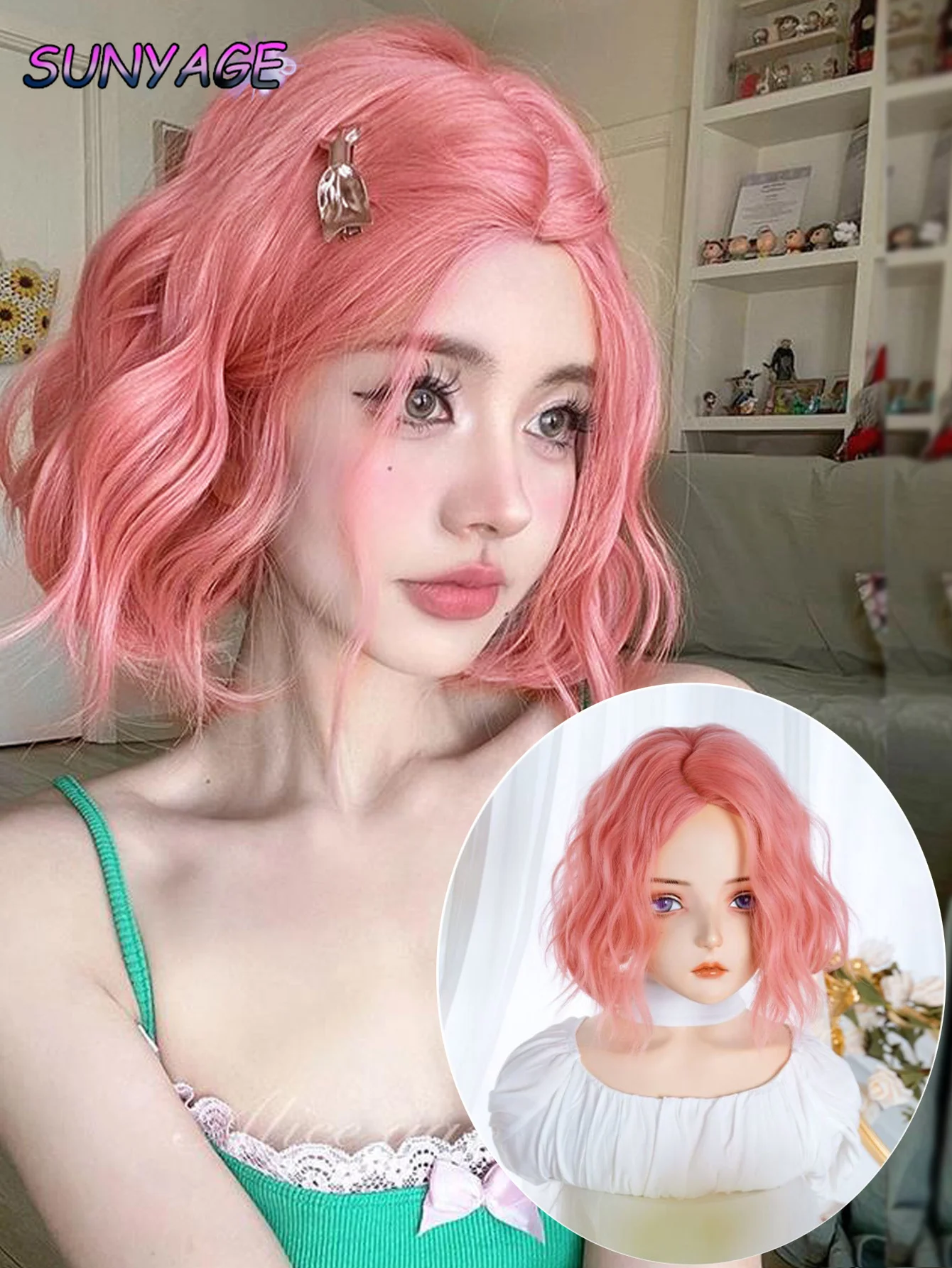 

Short curly hair Bob Wigs Eight character bangs Pomelo Pink Natural Synthetic Hair for Women Daily Cosplay Heat Resistant Fiber