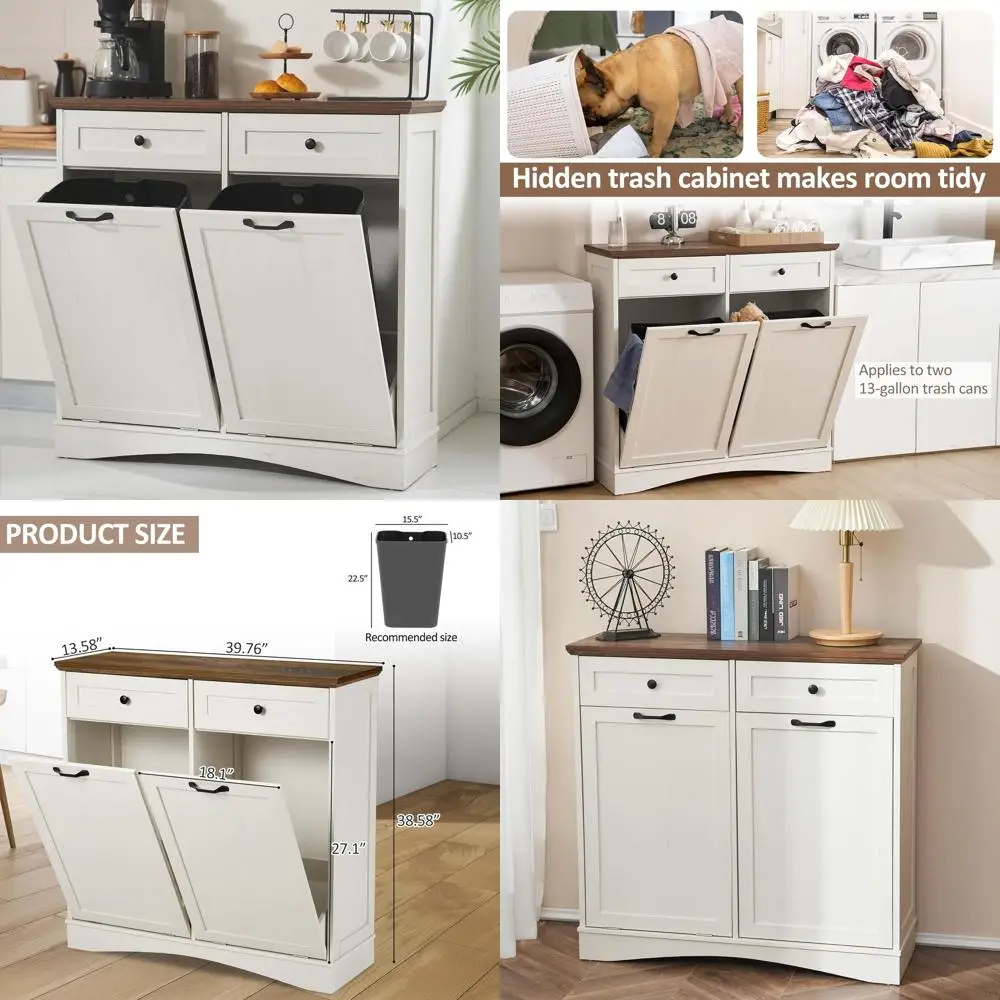 

Dual Bin Trash Cabinet with 26 Gallon Capacity, Hidden Garbage and Recycling Storage, Antique White