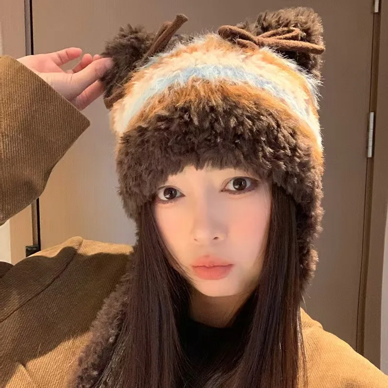 Cat Ear Contrast Stripe Handmade Crochet Plush Beanie Hat Woman Cute Ear Protection Warm Imitation Mink Wool Cap in Winter Hats