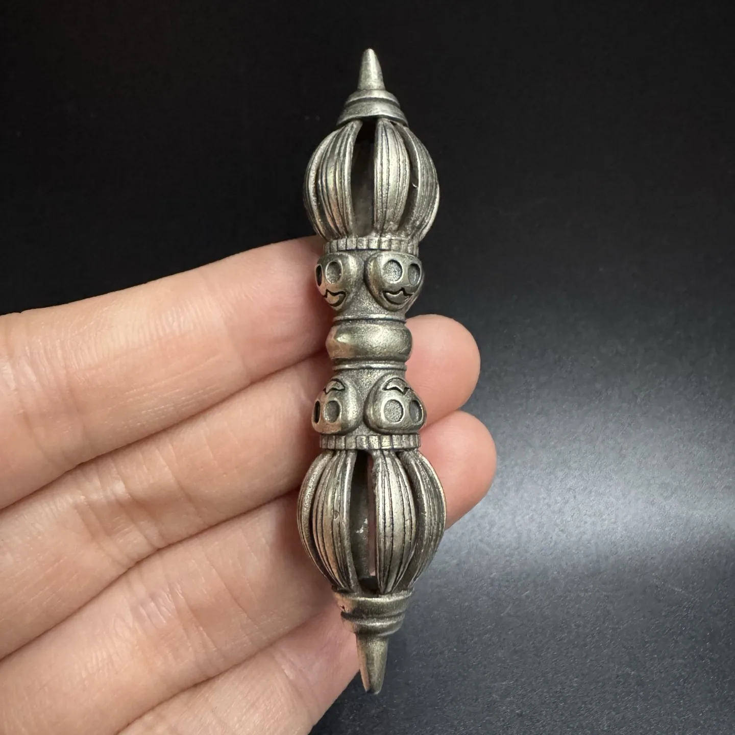 Sacred Nine-Pronged Dorje, White Brass Tibetan Tantric Buddhist Ceremonial Tool