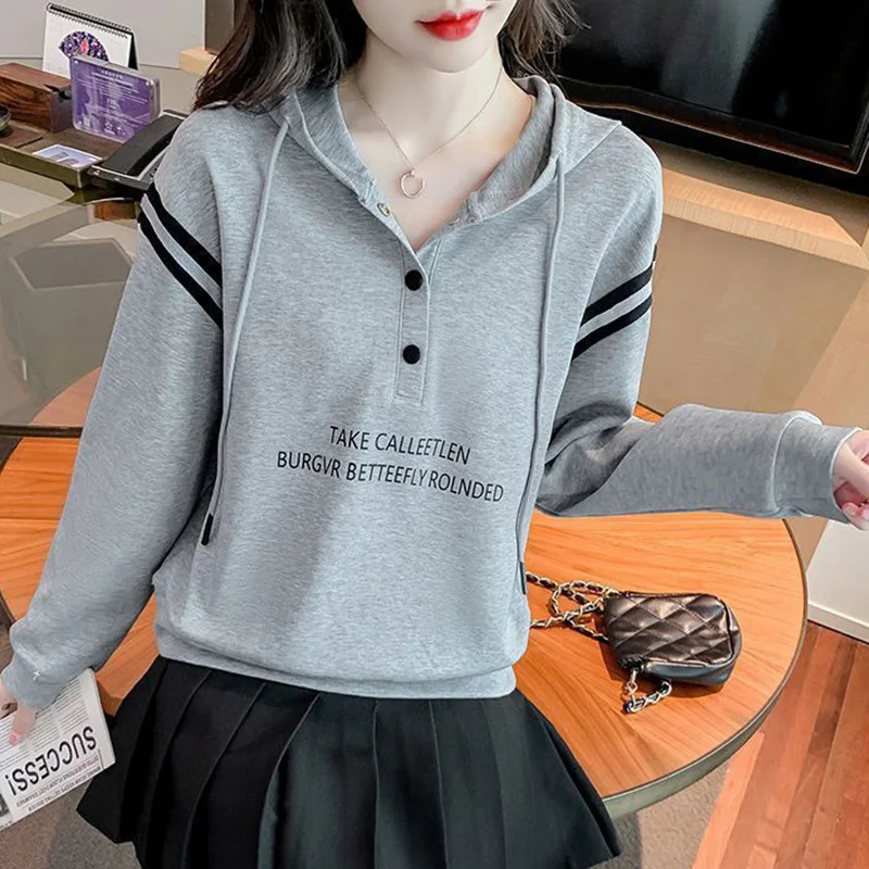 Fashion Hooded Spliced Loose Printed Letter Hoodies Female Clothing 2023 Autumn New Casual Tops All-match Commute Sweatshirts