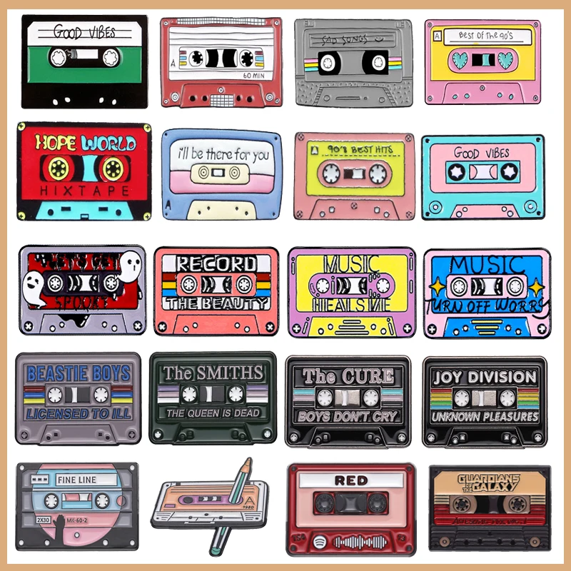 90\'s Hits Song Tape Metal Enamel Brooch Hipster Singer Classic Recorder Badge Retro Trendy Costume Backpack Lapel Jewelry Gift