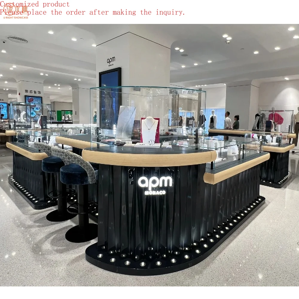 

Black Solid Wood Lacquered Jewellery Show Case Custom Modern Minimalist Mall Jewelry Kiosk Manufacturer
