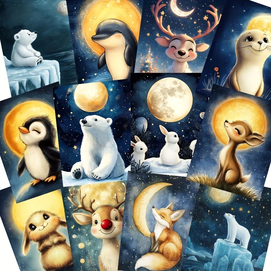 44pcs Card and Sticker Set, Animal with Moon Night, Christmas Deer Ptterns, for Holiday Party Flag DIY, Bottle, Greeting Card