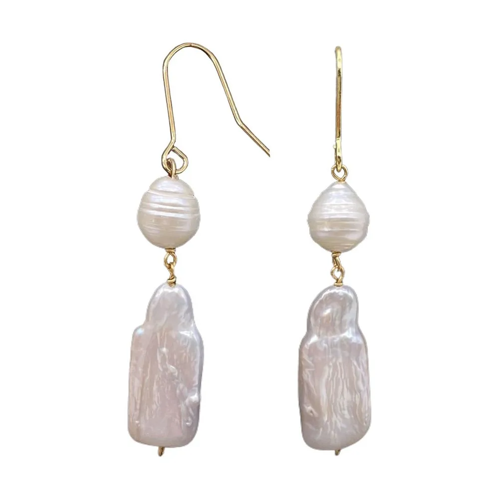 Special Two Pearls Baroque Stely Hooking Earring Flameball Shape White Color Natural Freshwater Pearl