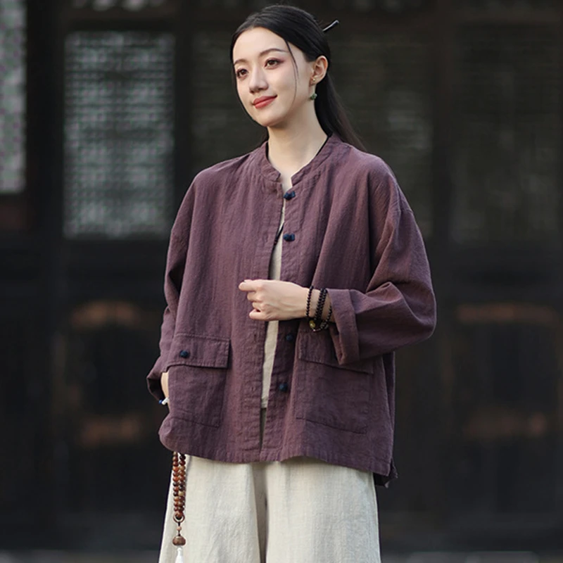 

Chinese Style Women Cotton Linen Casual Coats New Arrival 2025 Autumn Vintage Stand Collar Loose Female Basics Jackets M2011