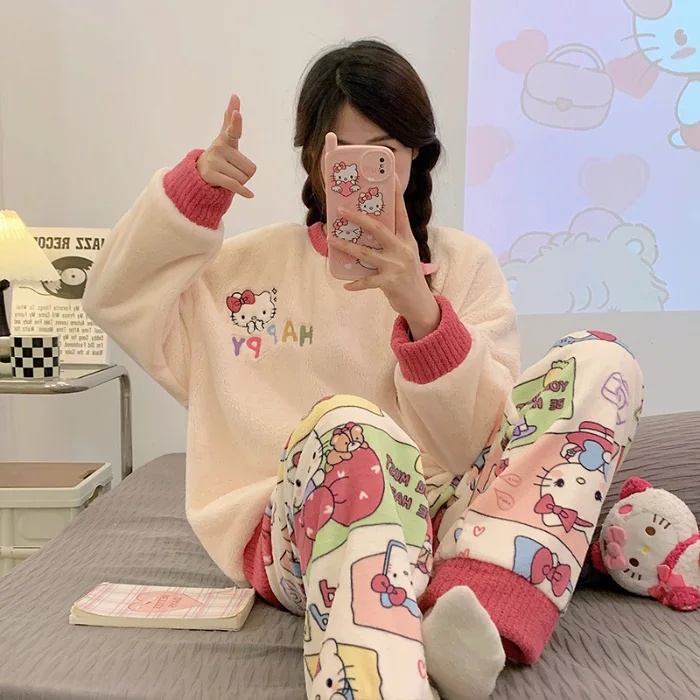 

Anime Cartoon Sanrio Hello Kitty Pajama Set Cute Kuromi My Melody Cinnamoroll Hangyodon Autumn Winter Thicken Warm Home Clothes