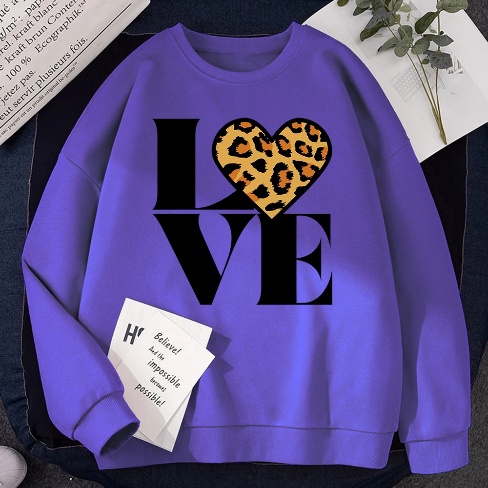 Autumn Harajuku Womens Sweatshirts Vintage Leopard Love Forever Printing Hoodies Loose Drop Sleeves Pullovers Soft Fleece Tops