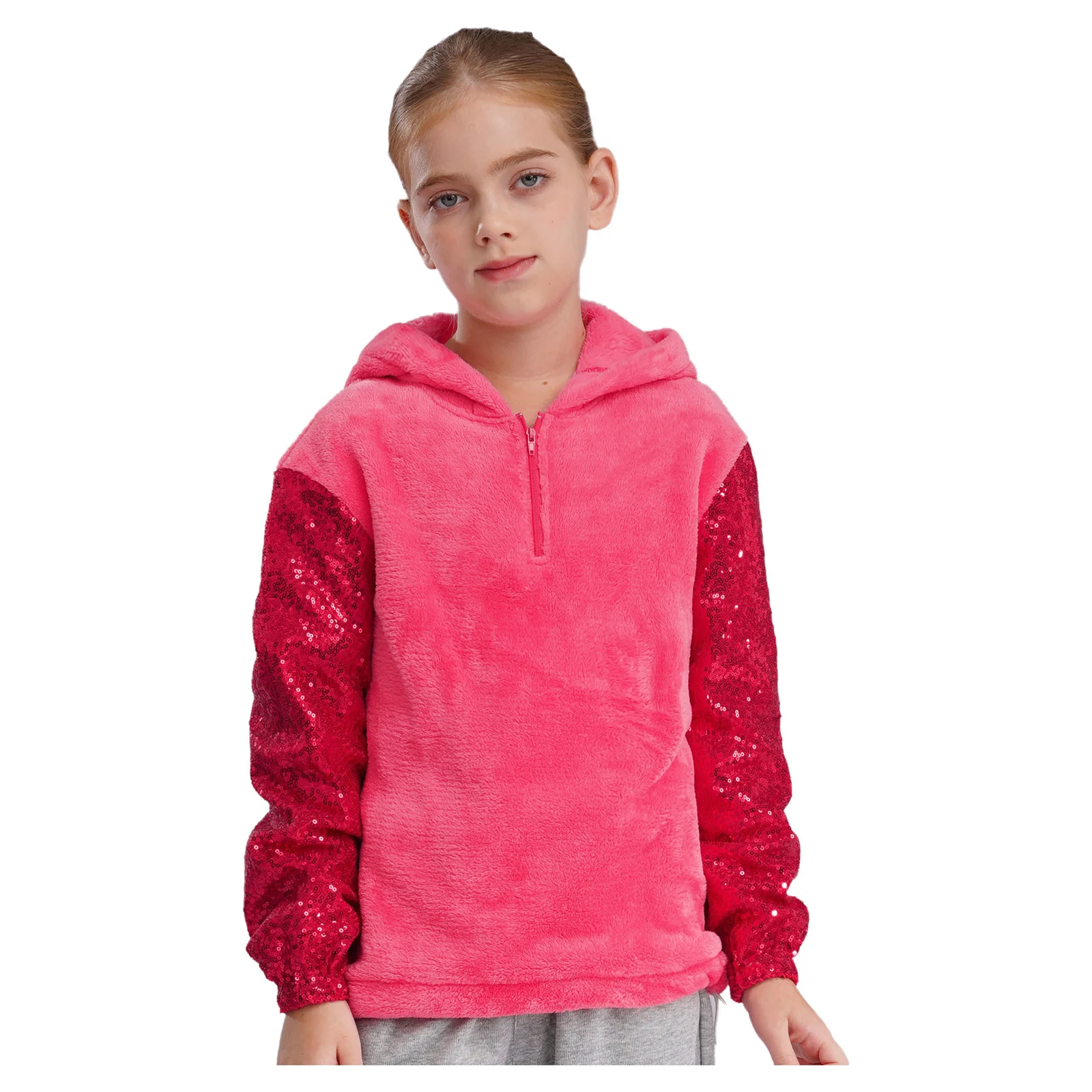 

Kids Girls Fuzzy Flannel Hoodies Sweatshirt Shiny Sequin Long Sleeves Drawstring Hem Hooded Pullover Tops Coat Children Clothing