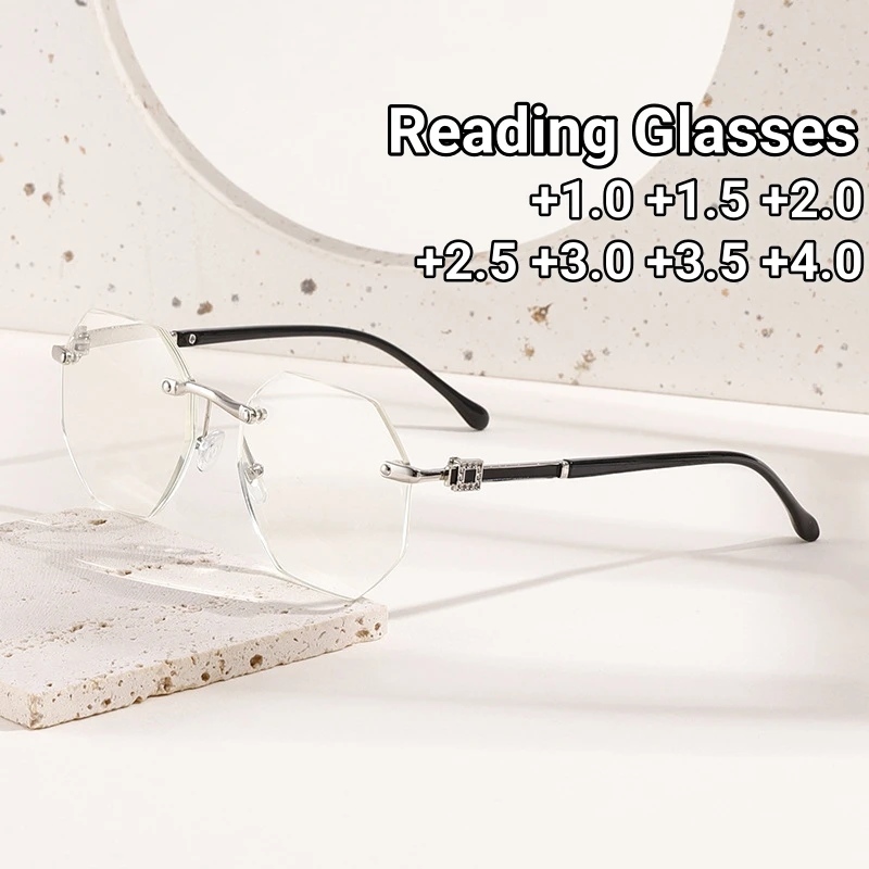 

Rimless Cutting Reading Glasses Polygon Men Business Presbyopia Eyeglasses Blocking Blue Light Computer eyeglasses +1.0 to +4.0