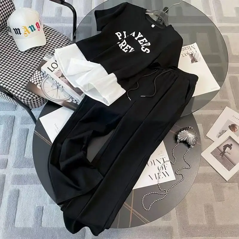 

Fashion Sports and Leisure Suit Women's Summer Outfit New Short Sleeved Fake Two-piece Wide Leg Pants Two-piece Set Pant Sets