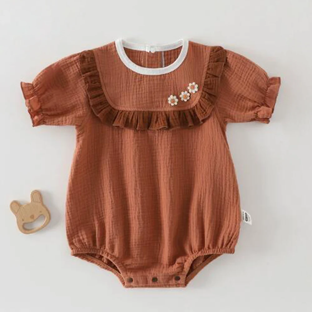

Bodysuit For Newborns Summer Cotton Ruffles Short Sleeve Baby Girl Clothing Lightweight Gauze Infant Rompers