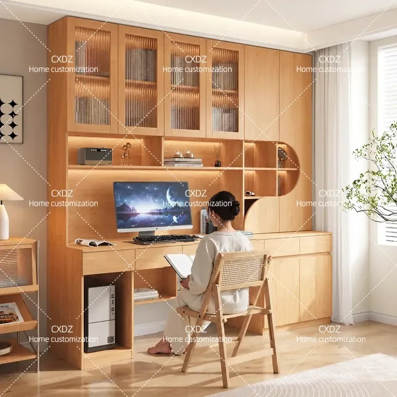 FAS Solid Wood Desk Bookcase Integrated Study Table Writing Desk Bedroom Home Wall Mounted Oak Computer Table with Bookshelf