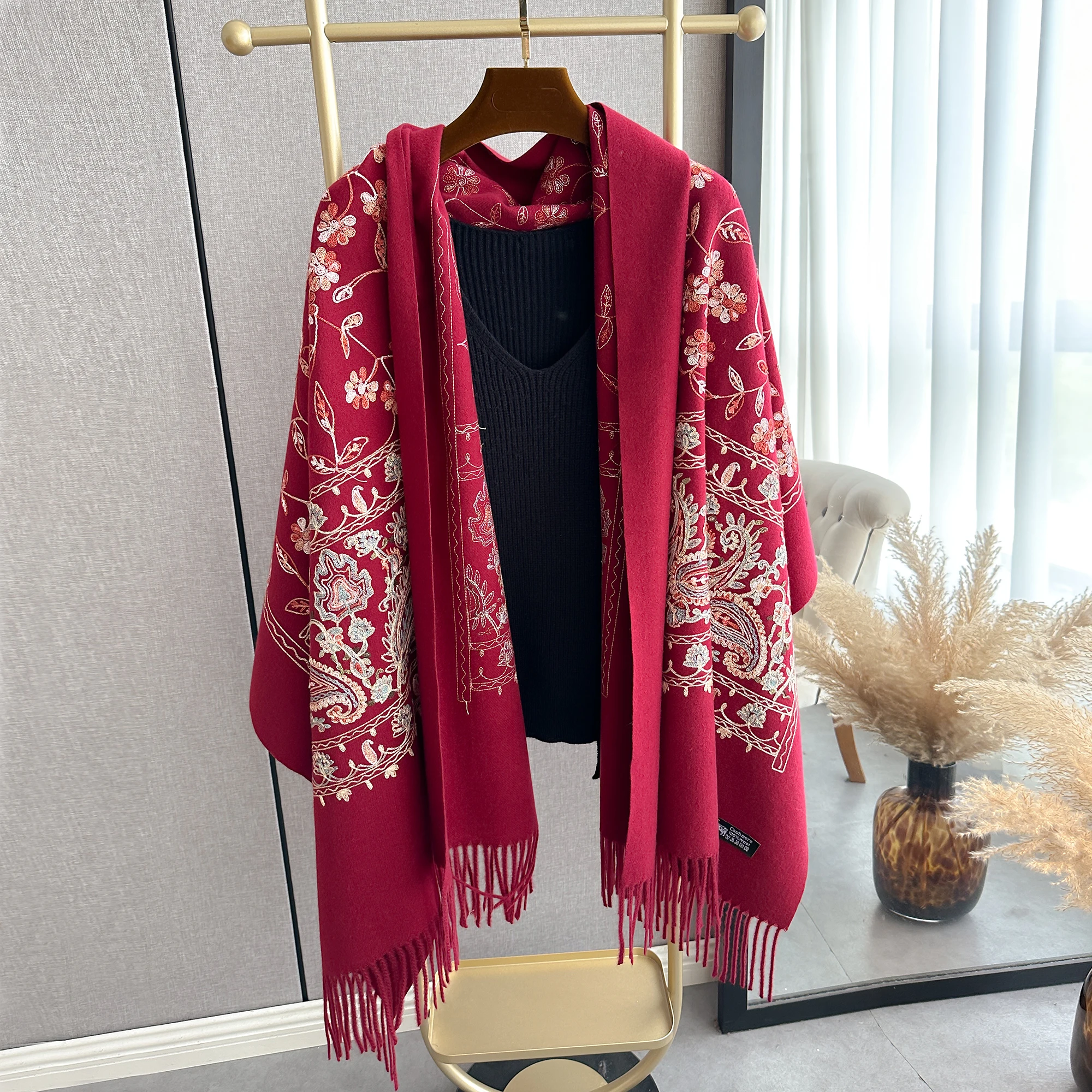 NEW Brand Embroidery Cashmere Scarf Elegant Women Winter Thick Warm Neck Pashmina Floral  Fringe Scarves Lady Blanket Soft Shawl