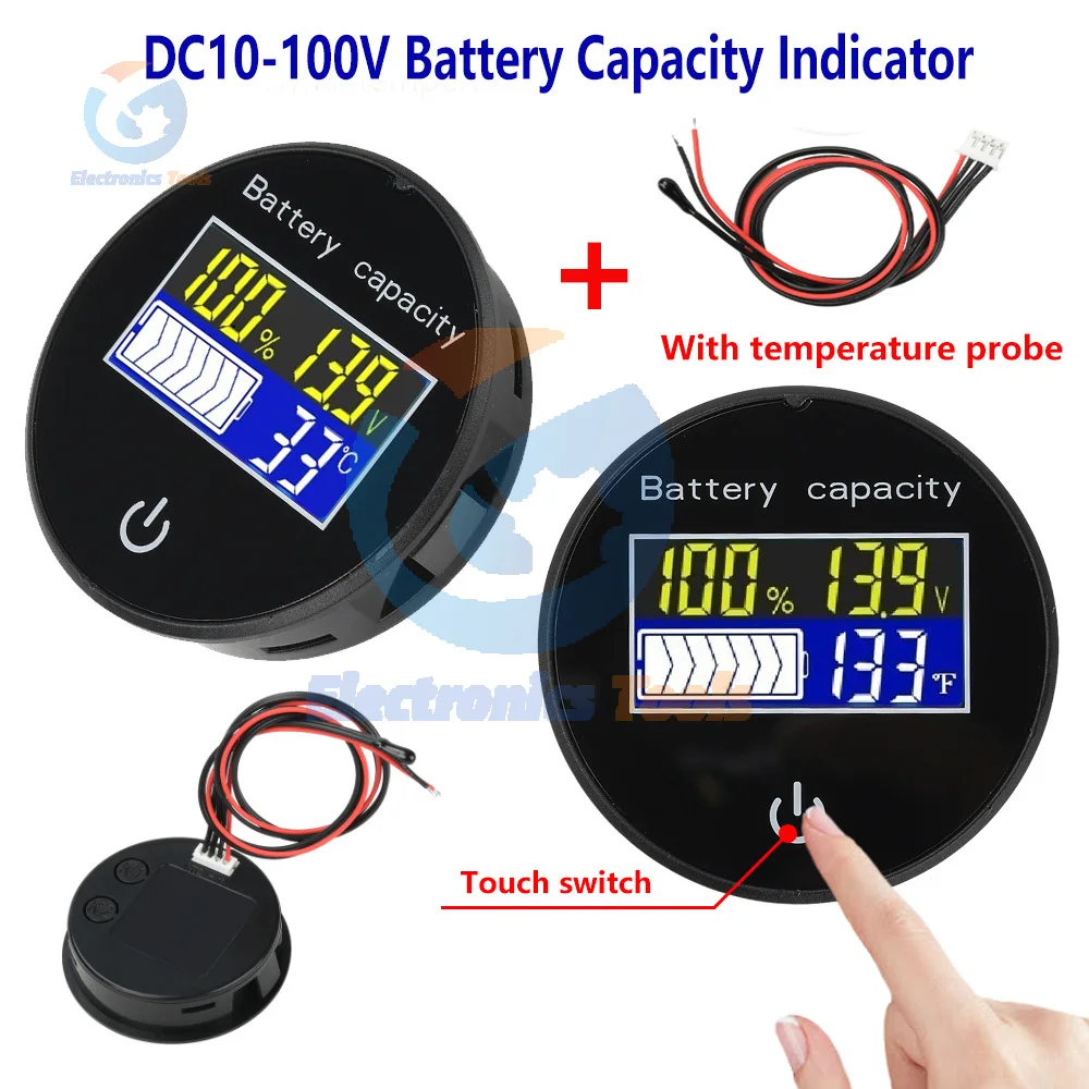 Battery Capacity Indicator Circular Mini Digital Voltmeter Li-ion Lifepo4 Lead acid Battery Tester with Temperature Display