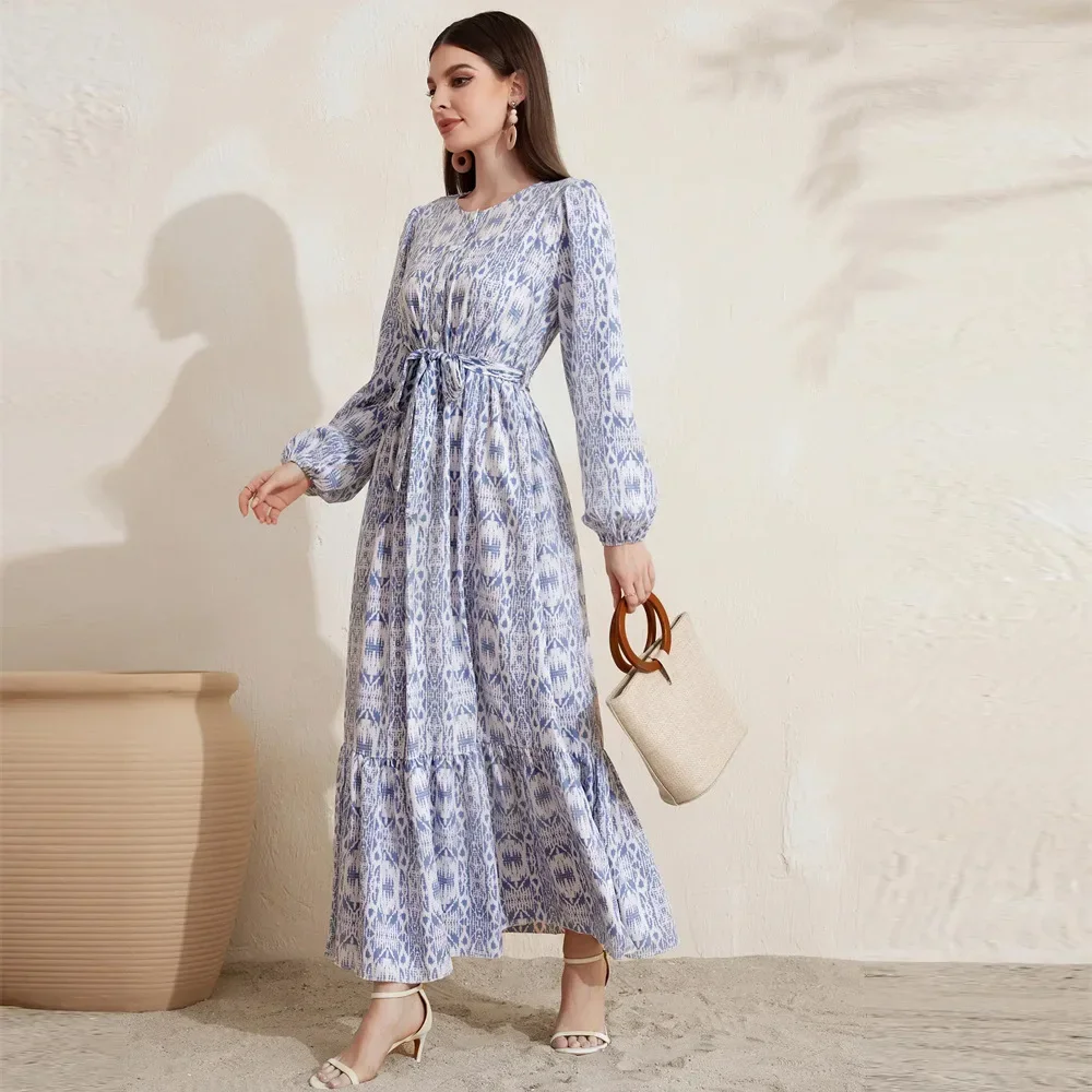 Women Eid Muslim Dresses Puff Sleeve O Neck Single Breasted Vestidos Dubai Arab Flowers Kaftan Islam Belt Casual Party Dress