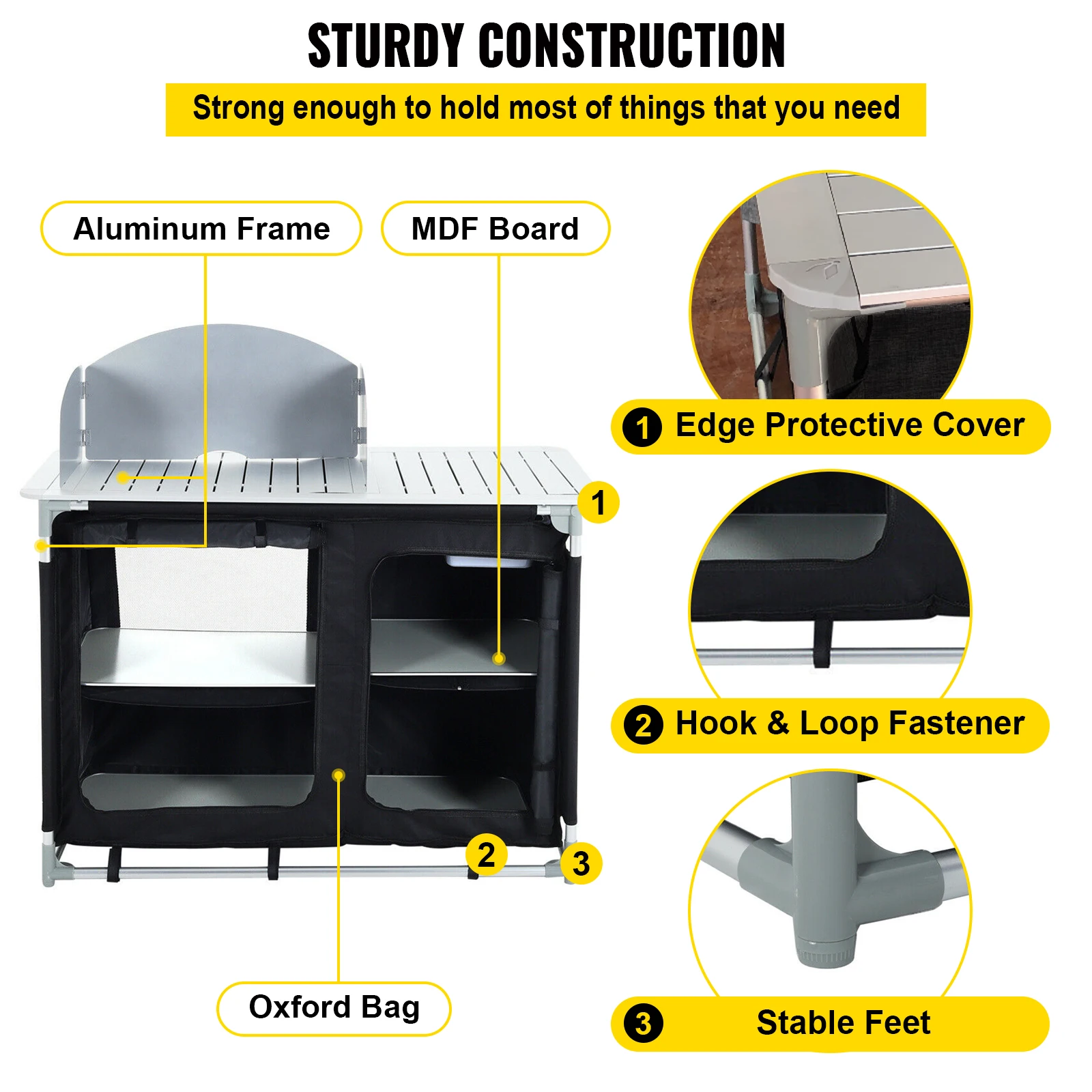 VEVOR พับได้โต๊ะในครัวแบบพกพาโต๊ะ2-Tier Organizer Al กรอบ MDF Board Oxford กระเป๋าสีดำ