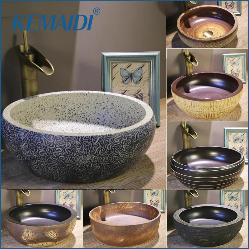 KEMAIDI-fregadero de lavabo de cerámica, grifo de lavabo redondo para baño, lavabos de encimera, grifo de lavabo artístico combinado de China Jindezhen