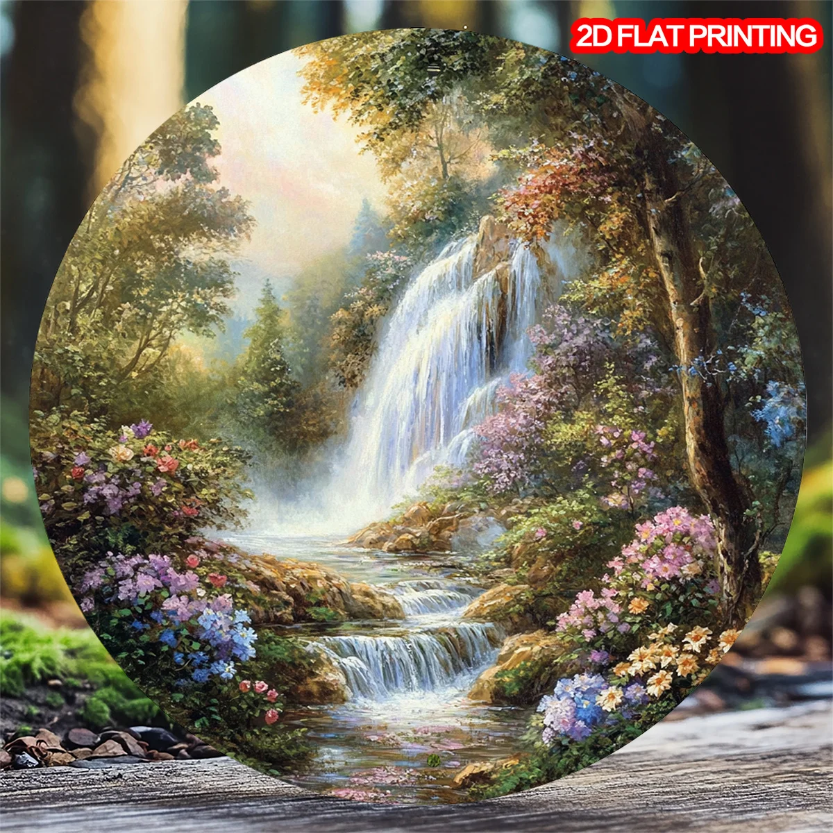 2D Flat, 1pc Vintage Jungle Waterfall Metal Tin Sign - 20.32cm x 20.32cm Round Iron Wall Art with Pre-Drilled Holes, Vibrant Aut
