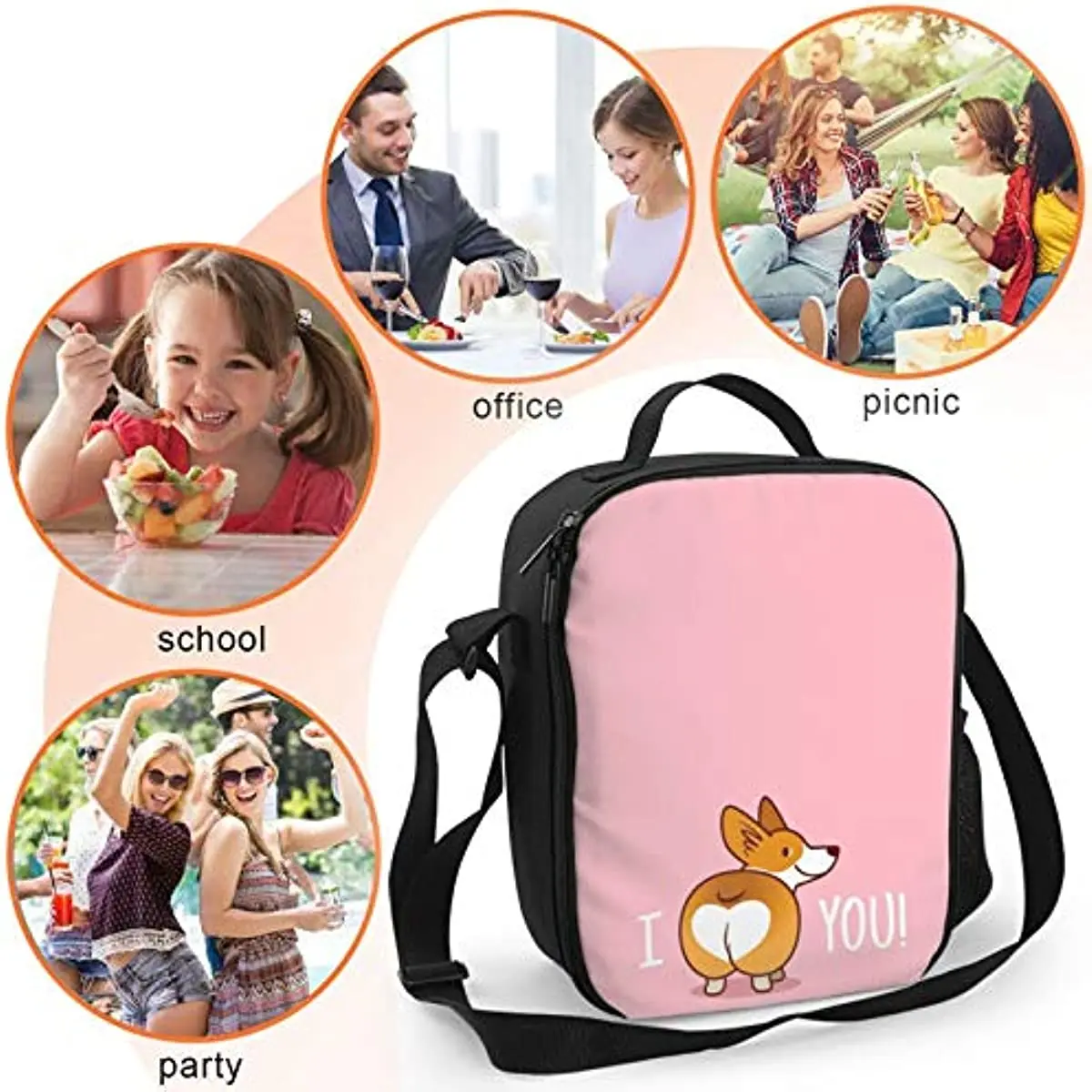 Corgi Lunch Box Insulated Lunch Box for Kids Funny I LOVE YOU Design with Side Pocket Shoulder Strap Lunch Bag for School Work